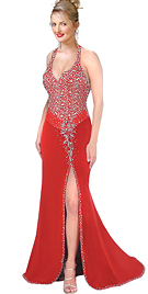 Red Velvet Halter Beaded Evening Gown 