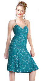 Turquoise- Silver Sequined Short Chiffon Cocktail Dress