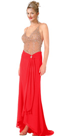 Net Bodice red Beaded Evening Dress