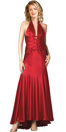 Halter satin prom dress has a plunging V front & a flattering elongated silhouette